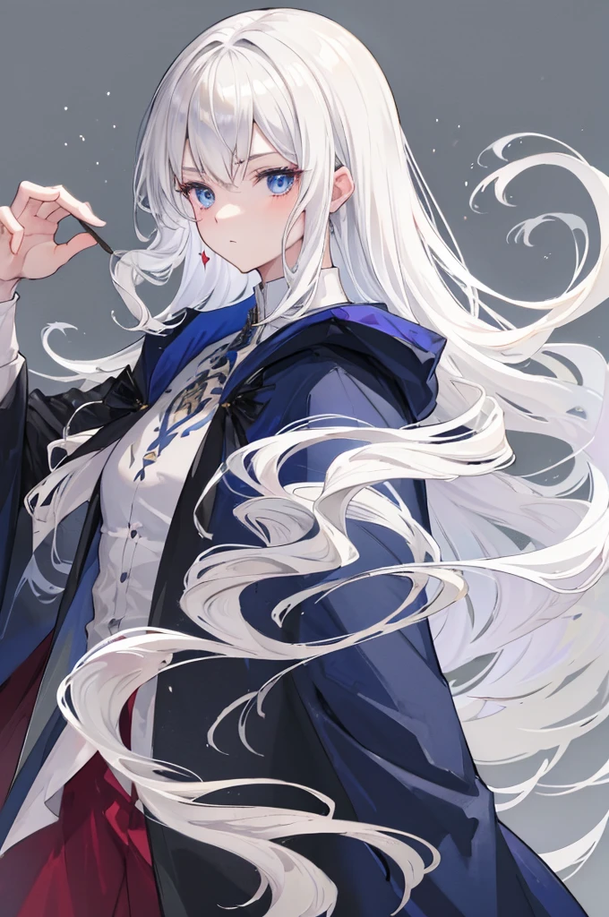 (masterpiece, highest quality:1.2), highest quality, masterpiece, high resolution, Anime style, portraiture, beautiful male, long hair, Silver hair, platinum blond hair, uniform for men, oversized coat, disproportionate cloak, dark blue eyes, magic, magic square, magician