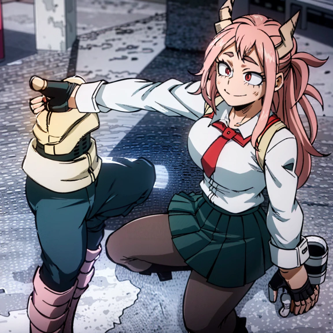 1girl, female focus, boku no hero academia, masterpiece, best quality, very aesthetic, big breasts, gray jacket, red tie, white shirt, teal skirt, gray tights, boots, long wavy hair, light pink hair, hot pink eyes, cute, smile, black horns, beautiful, sunset