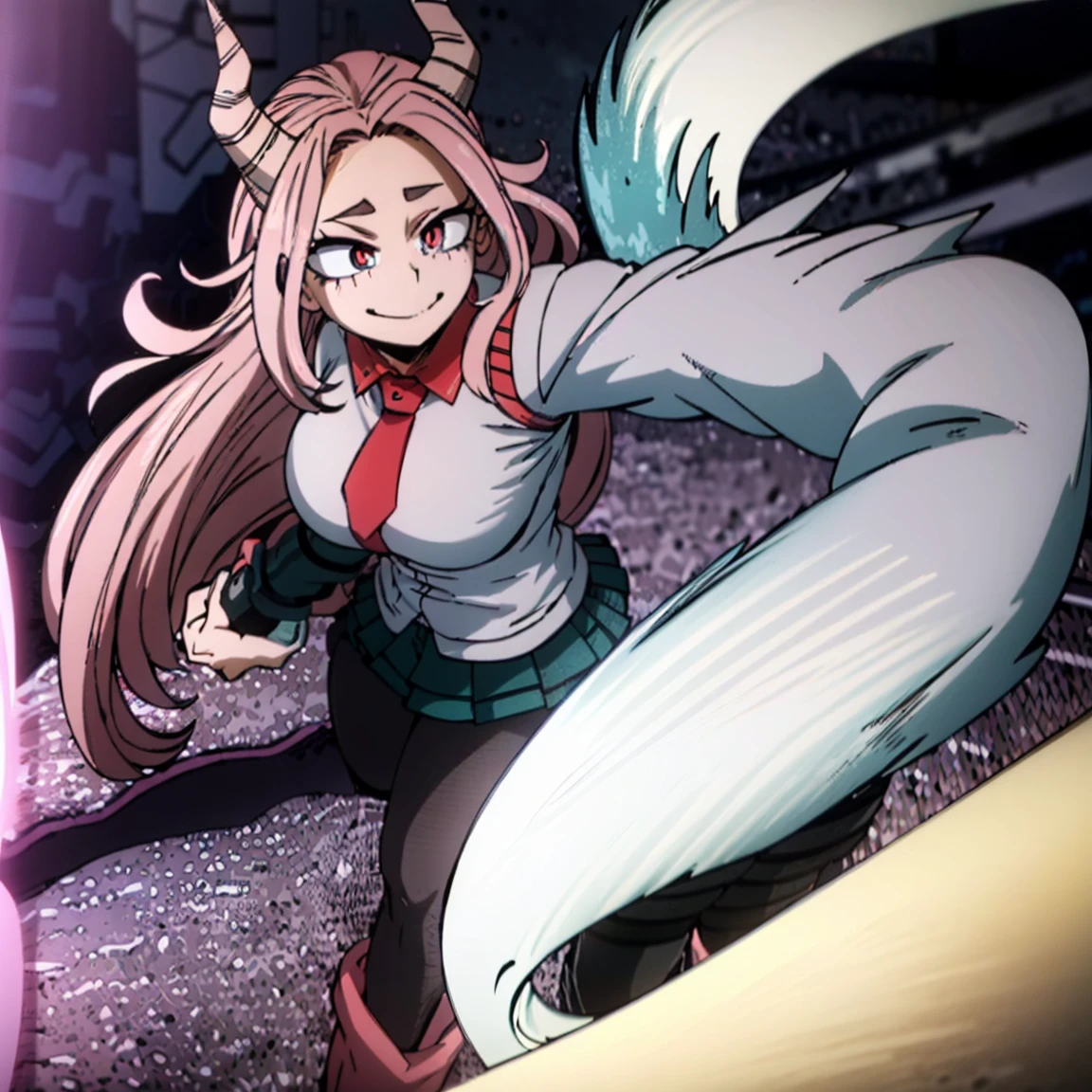 1girl, female focus, boku no hero academia, masterpiece, best quality, very aesthetic, big breasts, gray jacket, red tie, white shirt, teal skirt, gray tights, boots, long wavy hair, light pink hair, hot pink eyes, cute, smile, black horns, beautiful, sunset