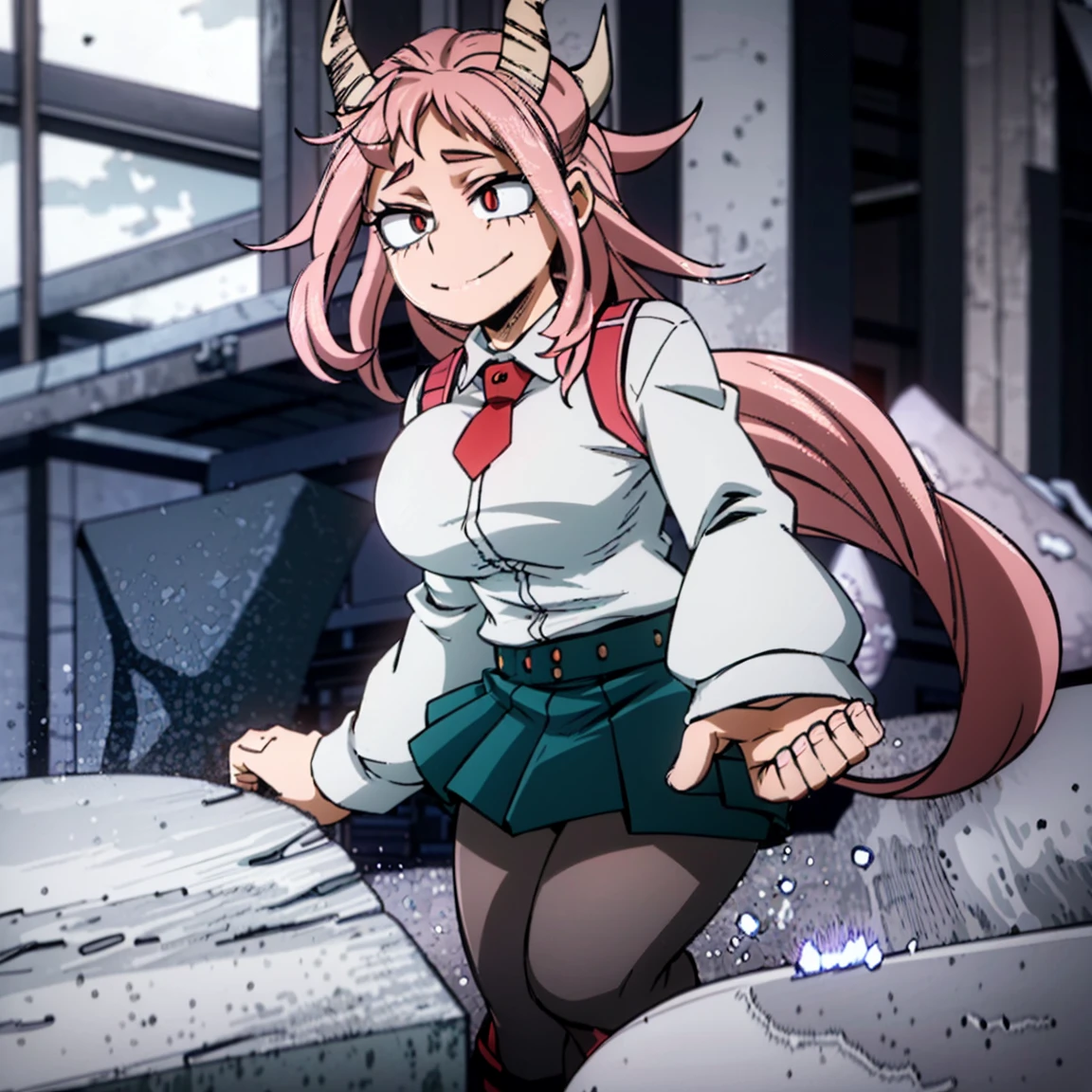 1girl, female focus, boku no hero academia, masterpiece, best quality, very aesthetic, big breasts, gray jacket, red tie, white shirt, teal skirt, gray tights, boots, long wavy hair, light pink hair, hot pink eyes, cute, smile, black horns, beautiful, sunset