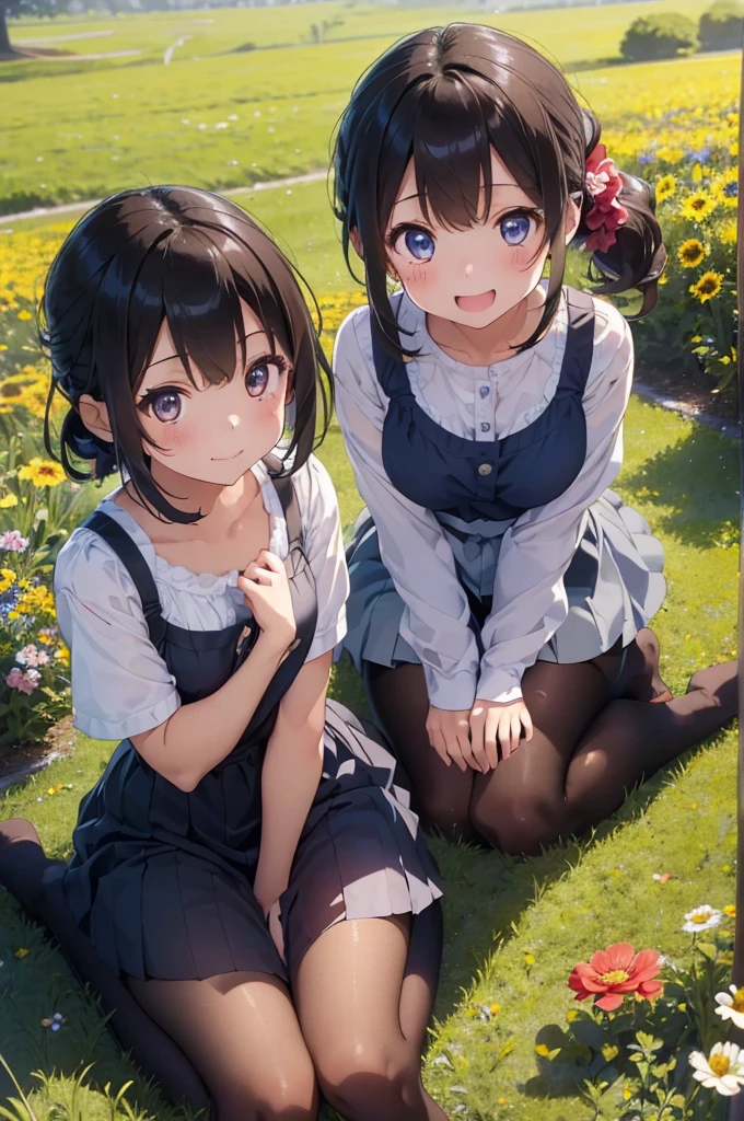 Two Girls、((Best image quality、Highest quality、８ｋ))、((The background is a flower field))、Fine and beautiful eyes、smile、Open your mouth、Sit on the ground、Brown hair and brown eyes、Long Hair Girl, Black hair and blue eyes、Side ponytail girl、,Detailed eyes、Attention to detail on the arms and legs、pantyhose、