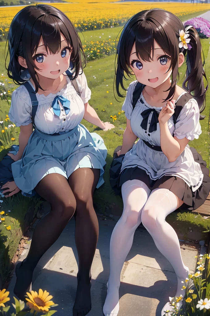 Two Girls、((Best image quality、Highest quality、８ｋ))、((The background is a flower field))、Fine and beautiful eyes、smile、Open your mouth、Sit on the ground、Brown hair and brown eyes、Long Hair Girl, Black hair and blue eyes、Side ponytail girl、,Detailed eyes、Attention to detail on the arms and legs、pantyhose、