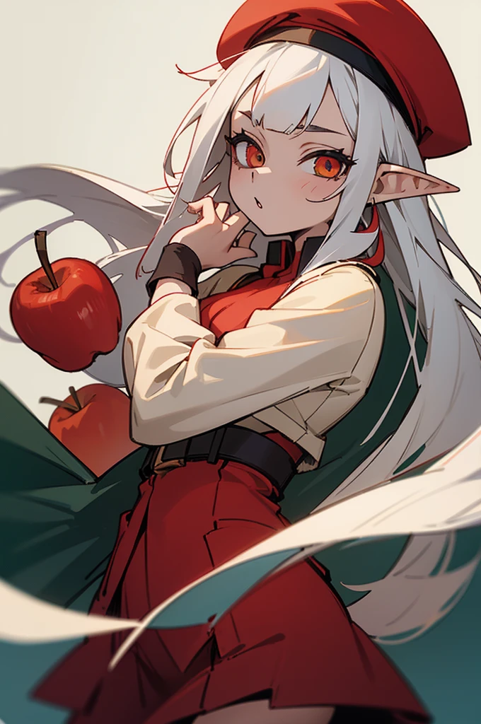 Young girl, ???, elf ears, white hair, medium-long hair, red beret, apple shaped beret, red adventurers clothing, cheerful, amber eyes.