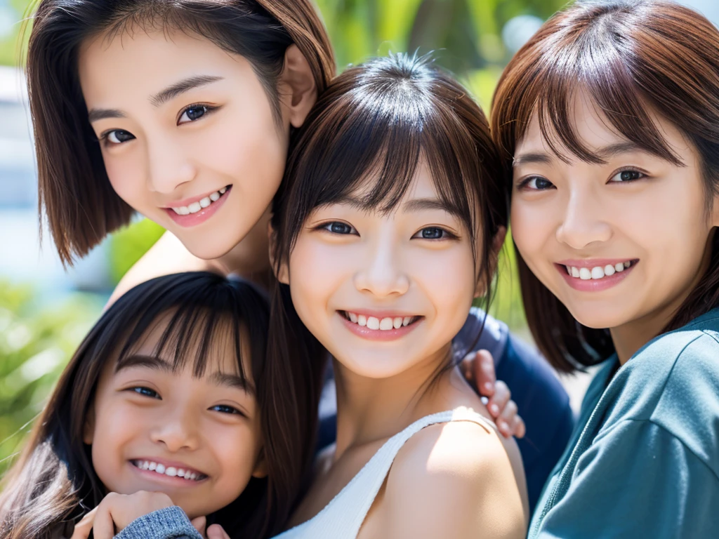Highest quality、Masterpiece、8K、Japanese women、30th Generation、smile、Slender figure、Realistic Face、Realistic hands、Detailed face、Three Women