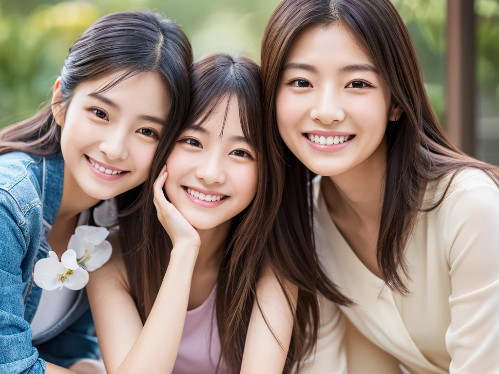 Highest quality、Masterpiece、8K、Japanese women、30th Generation、smile、Slender figure、Realistic Face、Realistic hands、Detailed face、Three Women