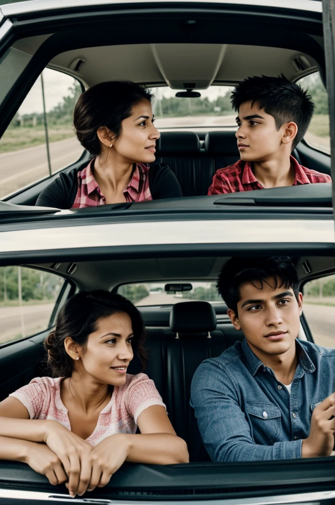 Mother and son in a car, traveling on the road, while mother and son have a deep conversation 