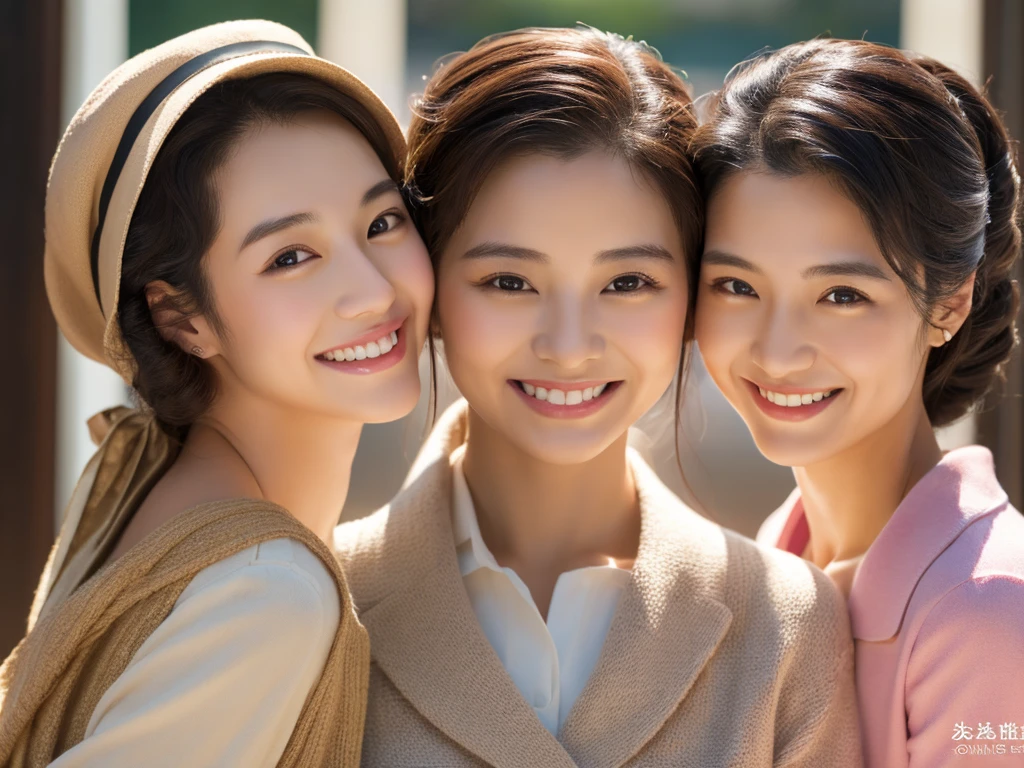 Highest quality、Masterpiece、8K、Japanese women、40s、smile、Slender figure、Realistic Face、Realistic hands、Detailed face、Three Women