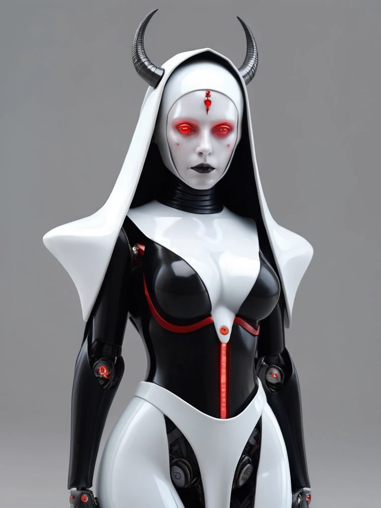 ral-opal, meahophontron, full body, woman robot face, devil nun, negro, looking at camera, body nun clothes, red eyes, primer plano looking at camera, realist, beautifull woman