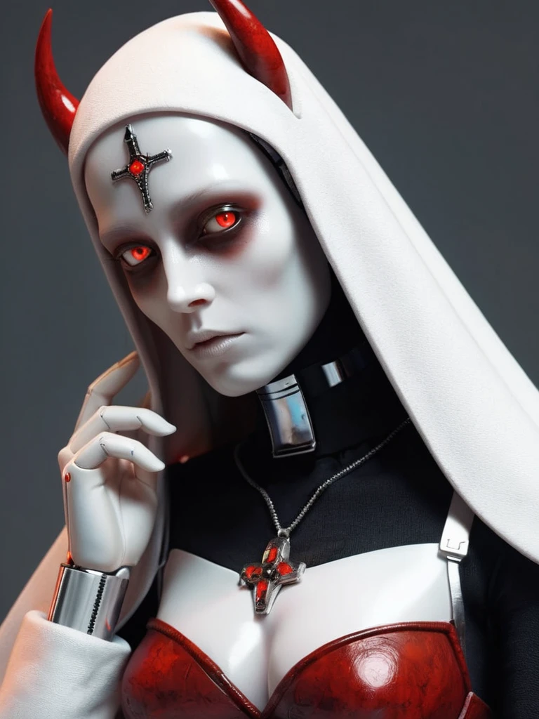 ral-opal, meahophontron, full body, woman robot face, devil nun, negro, looking at camera, body nun clothes, red eyes, primer plano looking at camera, realist, beautifull woman