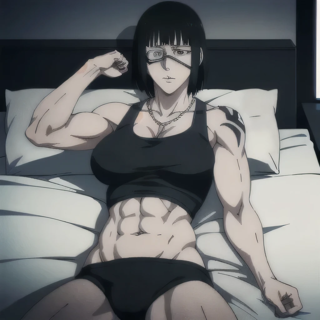 (best quality,ultra-detailed,realistic:1.37),musclaur badass girl with sculpted body have a tattoos wearing sport tank top and black sport shorts , full review of the female character face and body, intense expression, strong and confident posture, studio lighting, vivid colors, physiologically-based rendering, grungy texture, rugged background, dust particles in the air, commanding presence, professional, powerful, gritty aesthetics،short hair,necklace,six-pack,eyepatch,handsome look,Valmet prime muscles,,sleeping in bed,close eyes,deep sleeping, lying down 