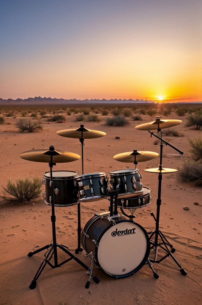 An acoustic drum set in a desert on a beautiful sunset 