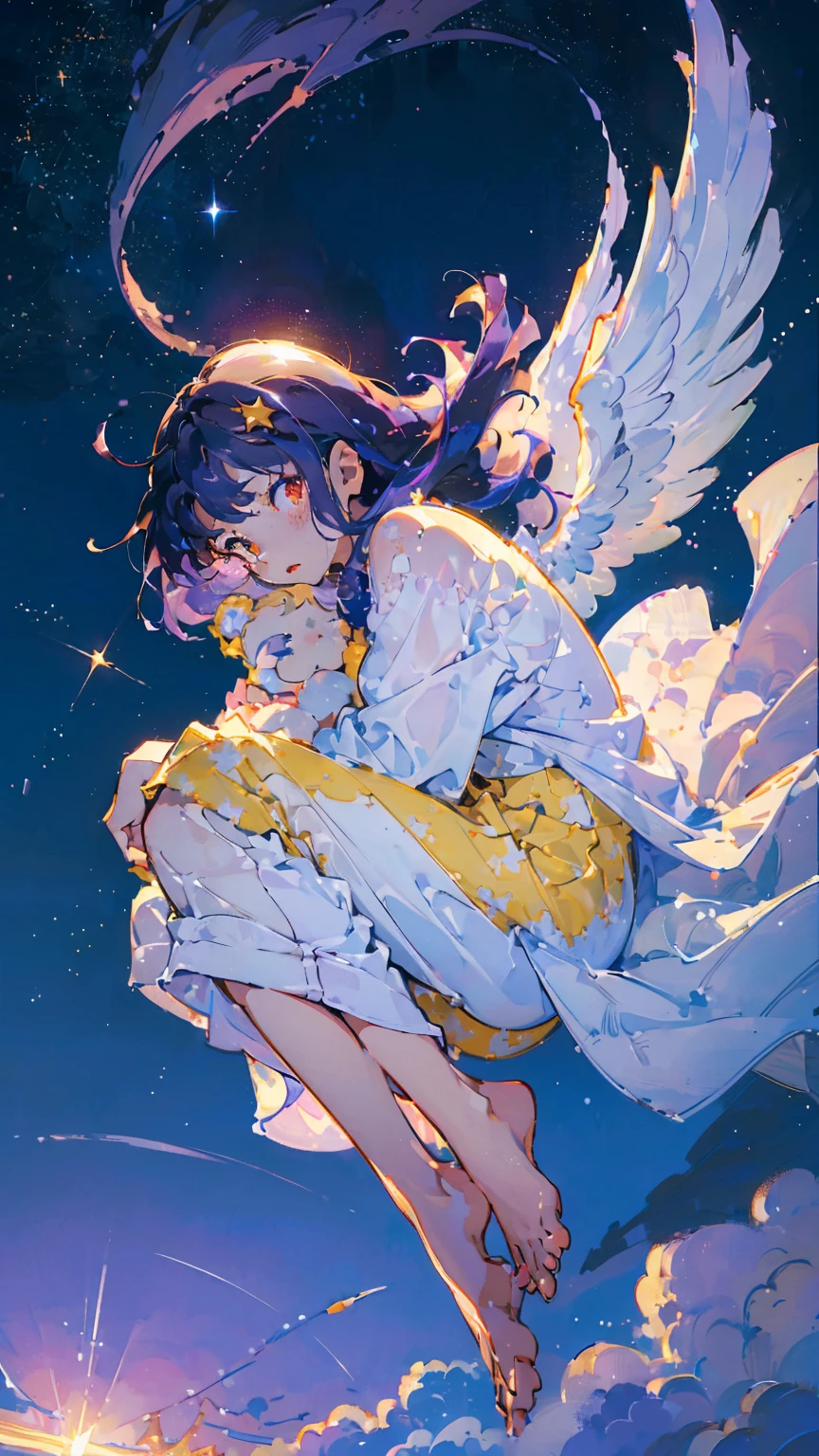 (woman\(,A star-like halo on the head。, Angel Girl,Purple Hair,Yellow Eyes, White skin, I'm wearing pastel colored pajamas,The girl looks sleepy,While floating in the air,hugging a teddy bear,barefoot,\) Beautiful night sky、Sleepily floating in the air, (I&#39;m in the beautiful outdoors, A beautiful star is shining,He seemed to be very sleepy., mysterious, full moon,(夜空には大きなfull moon),quality\(8K,非常に精細なCGユニットのwallpaper, masterpiece,High resolution,top-quality,top-quality real texture skin,Surreal,Increase the resolution,RAW Photos,最高quality,Very detailed,wallpaper,Cinema Lighting,Ray-tracing,Golden Ratio\),Long Shot,Overall, it looks ephemeral.,The depiction range is from the waist up,qualityの高い顔の描写,High-resolution facial depiction,ephemeral,Low saturation,1 person