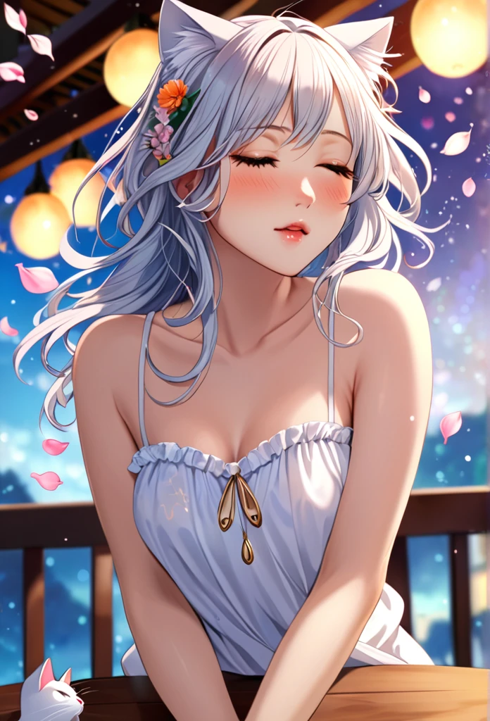 (Ah! My Goddess style:1.2) , Hallucination, daydream , nightmare , Insane Dream , bokeh , erotica , romance , cat nymph and realistic cat , Petals fluttering down , (Single eyelids, round nose, swollen cheeks) , glossy lips , Collarbone , Hair blowing in the wind , Goddess Cafe Terrace , armpit hair