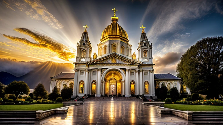 Create an illustration depicting a radiant church, symbolizing the 'Church of Jesus', resplendent with divine light and glory. The church should be adorned with heavenly light, reflecting its consecration and holiness. In the background, a majestic golden gate to the heavenly kingdom is opening, inviting the church to enter. Above, the face of Jesus the Bridegroom is softly visible in the sky, emanating warmth and welcoming light. Capturing the essence of consecration and divine promise, the scene should be vibrant and filled with ethereal detail, showing divine connection and imminent glorious entry into the celestial realm. cinematic lighting, depth of field, bokeh, Realism, photorealistic, hyperRealism, Professional photography, Ultra HD, dslr, hdr