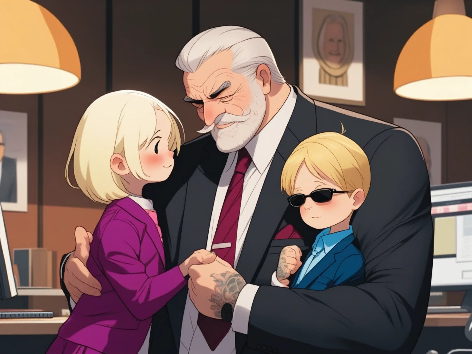 a mafia boss 1 old man, fat, mafia boss happy, 45 years old, black expensive suite, white short hair, tattos, hugging his 5 years old son blond wearing a blue t shirt and sun glasses with his left arm and hugging his  8 years old daughter wearing a pink dress with his right arm , in the office