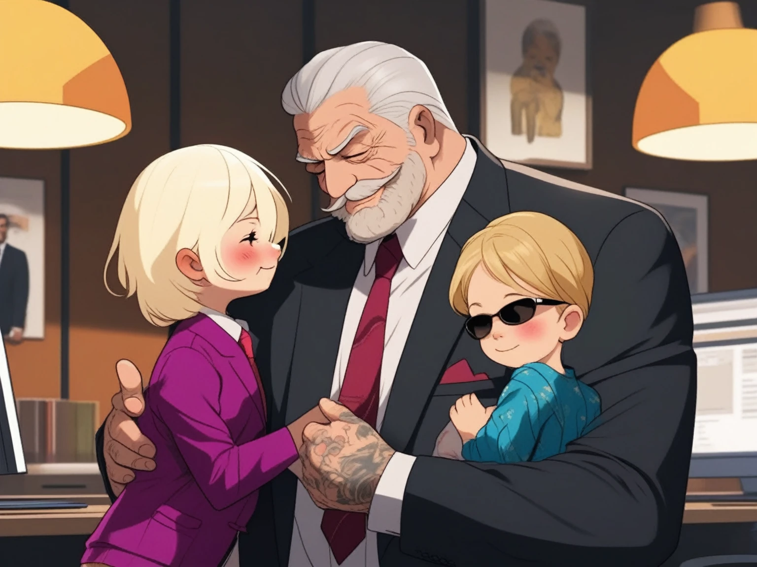 a mafia boss 1 old man, fat, mafia boss happy, 45 years old, black expensive suite, white short hair, tattos, hugging his 5 years old son blond wearing a blue t shirt and sun glasses with his left arm and hugging his 8 years old daughter wearing a pink dress with his right arm , in the office