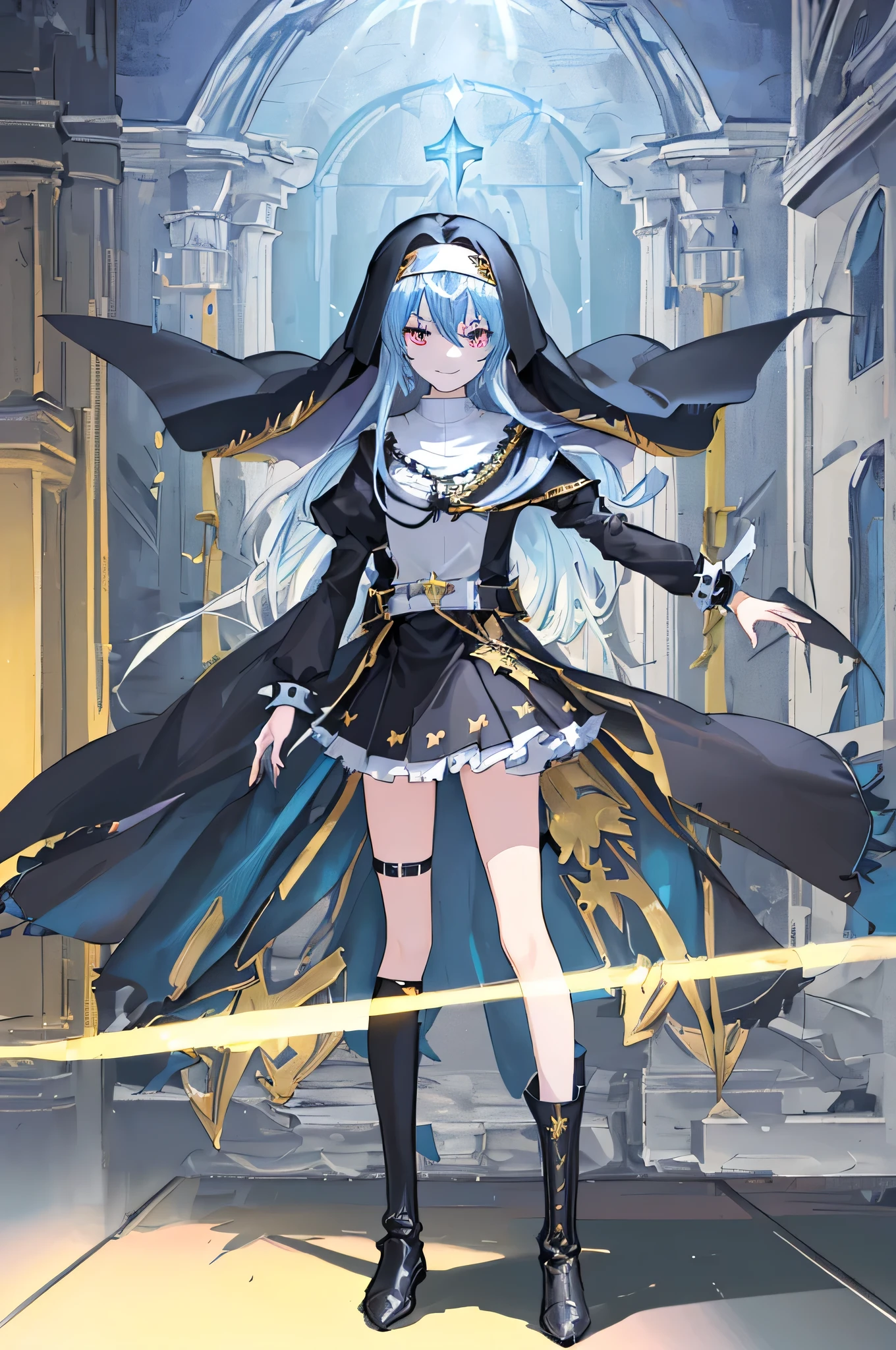 [(cathedral background:1.4)::5],Original,(Illustration:1.1),(Best Quality),(masutepiece:1.1),(the Extremely Detailed CG Unity 8K Wallpapers:1.1), (Colorful:0.9),(mid-shot:0.95),(Full body:1.5),Dynamic Angle,(Solo:1.2), (girl),(((Adult))), (Detailed beautiful eyes:1.15), (Beautiful face:1.15), (Glowing black eyes:1.25////),(Blue Long Hair),(nun headdress),(+perfect hand+:1.21),(Draw an illustration of a Holy Knight Wizard),(Religious),(slender),(she has boots on her feet),((I'm wearing black knee-high socks)),Smile,(Ruffled miniskirt with metal embellishments),beautiful slender adult,((theater background)),