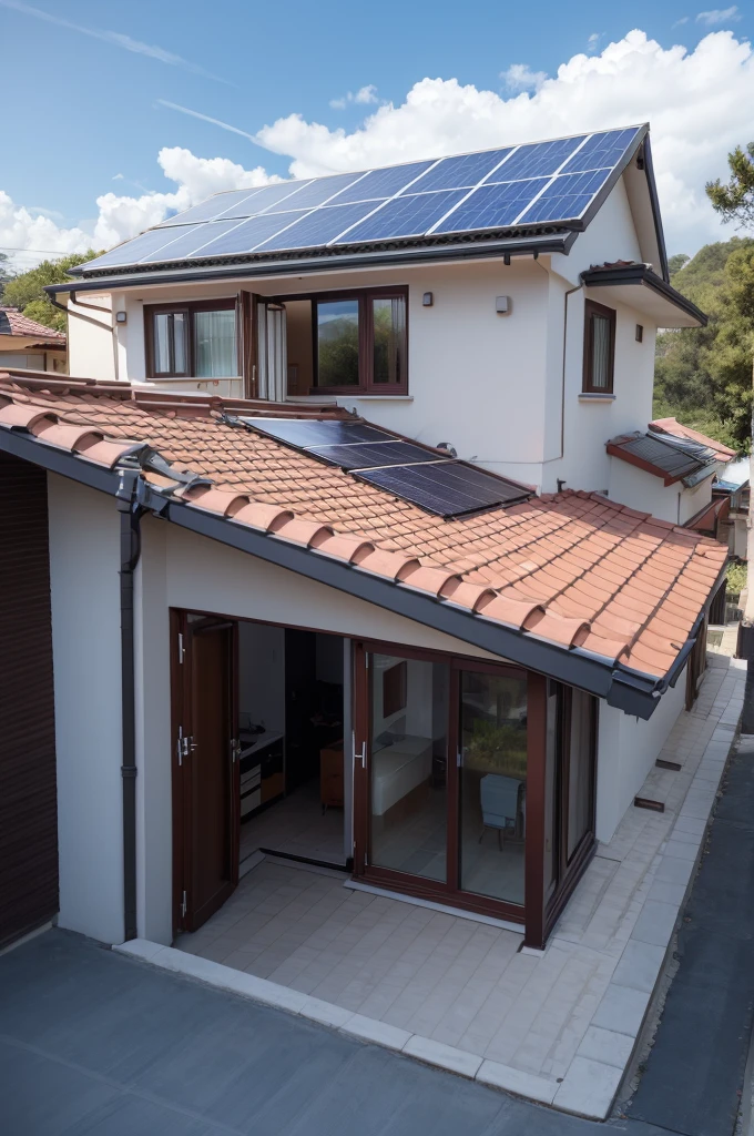 House with solar energy on the roof, person outside the house happy