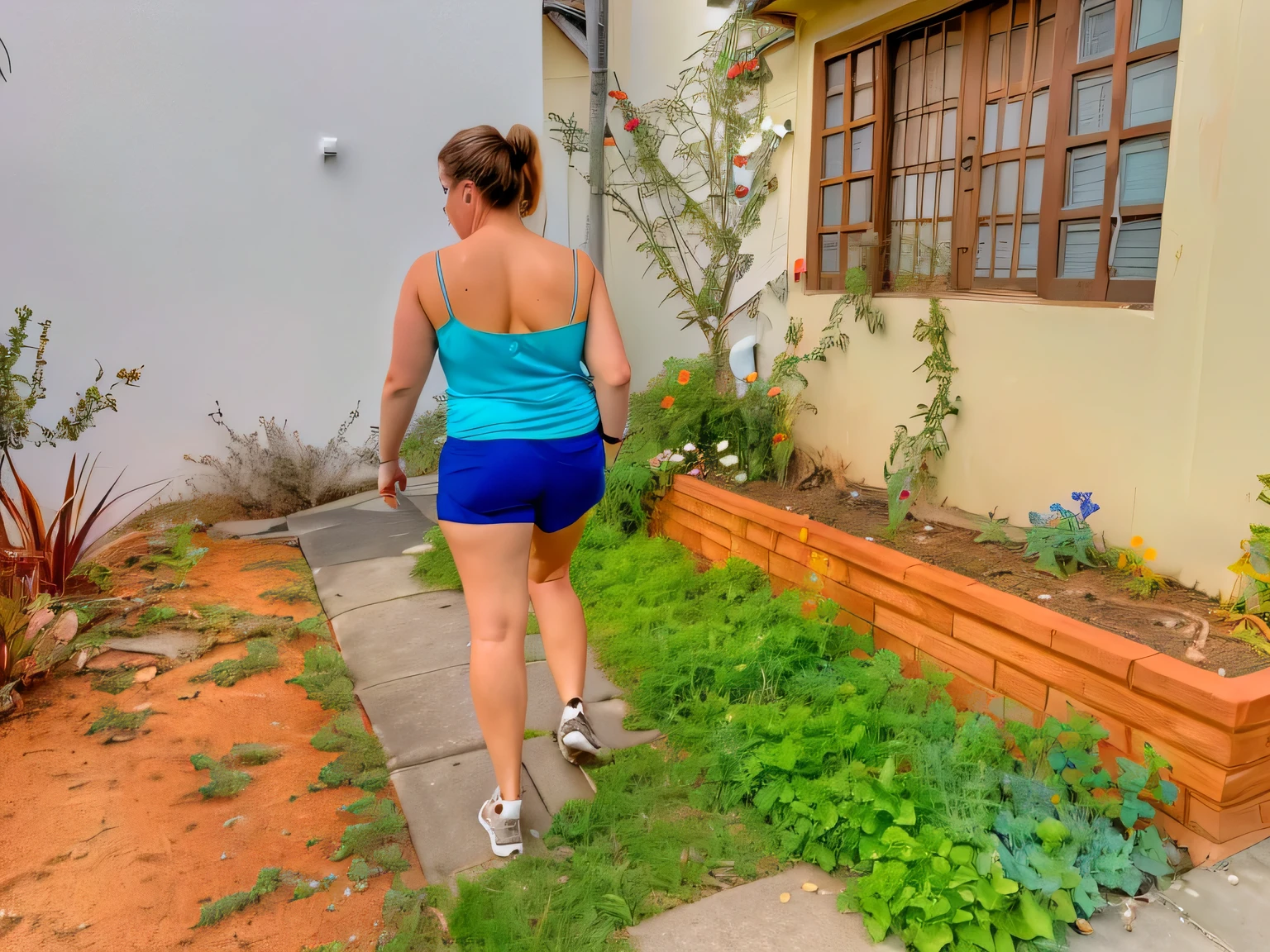 there is a woman walking down a sidewalk in a blue top, uhd candid photo of dirty, wearing dirty travelling clothes, cottagecore!! fitness body, in full growth from the back, side view of her taking steps, in shorts, wearing a camisole and shorts, walking away from the camera, walking at the garden, 40 years woman