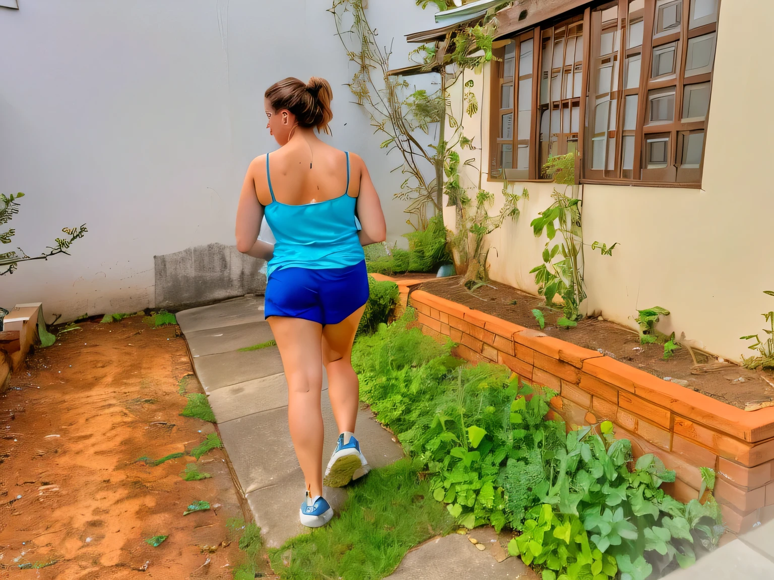 there is a woman walking down a sidewalk in a blue top, uhd candid photo of dirty, wearing dirty travelling clothes, cottagecore!! fitness body, in full growth from the back, side view of her taking steps, in shorts, wearing a camisole and shorts, walking away from the camera, walking at the garden, 40 years woman