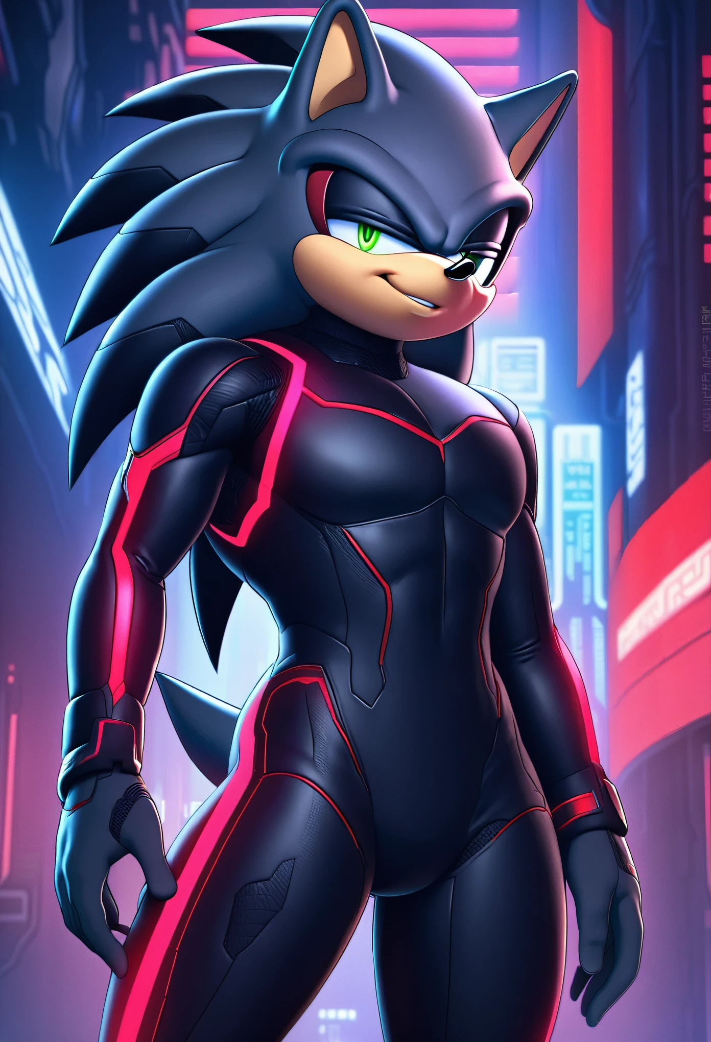 (((masterpiece:1.5, 4K, 8K))), a full body high quality digitally drawn rendered image ((by SEGA)) of A solo male tall anthro ((gunmetal grey hedgehog)), (((fuzzy, movie sonic style quills:0.9))) with glowing green eyes, (((tan muzzle))), wearing a (((sci-fi bodysuit))) stands in a neon-lit cyberpunk city The android's bodysuit is adorned with (((black coloring:1.5))) with (((crimson accents:1))), with intricate android seams, creating a futuristic look. the android has a seductive smirk on his face