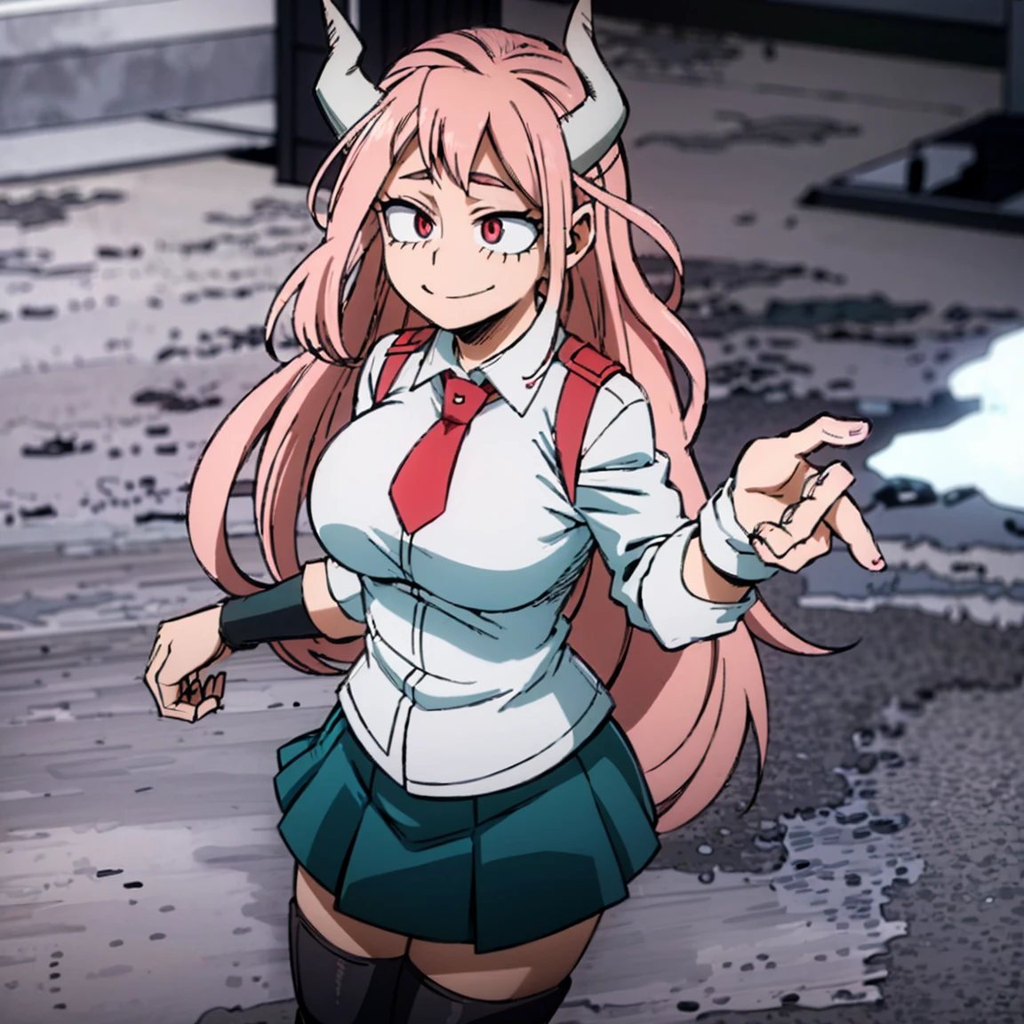 1girl, female focus, boku no hero academia, masterpiece, best quality, very aesthetic, big breasts, gray jacket, red tie, white shirt, teal skirt, gray tights, boots, long wavy hair, light pink hair, hot pink eyes, cute, smile, black horns, beautiful, sunset