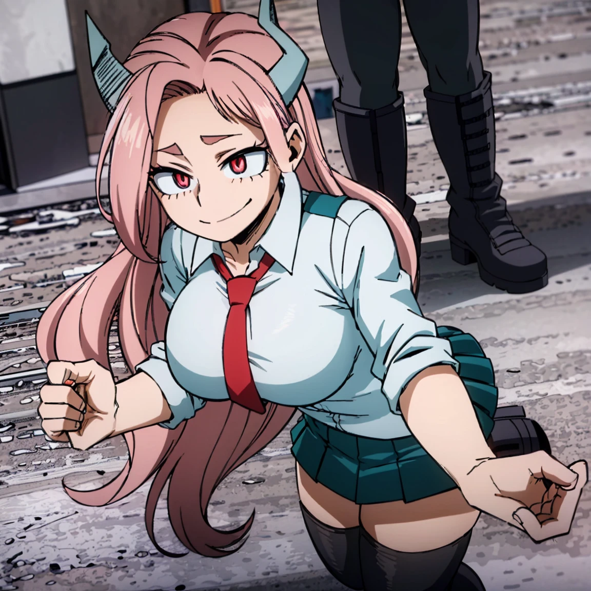 1girl, female focus, boku no hero academia, masterpiece, best quality, very aesthetic, big breasts, gray jacket, red tie, white shirt, teal skirt, gray tights, boots, long wavy hair, light pink hair, hot pink eyes, cute, smile, black horns, beautiful, sunset