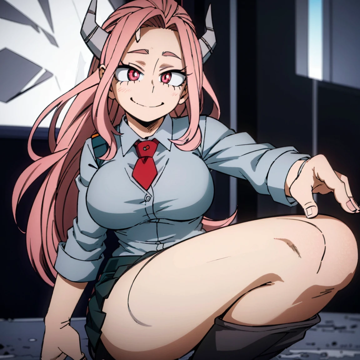 1girl, female focus, boku no hero academia, masterpiece, best quality, very aesthetic, big breasts, gray jacket, red tie, white shirt, teal skirt, gray tights, boots, long wavy hair, light pink hair, hot pink eyes, cute, smile, black horns, beautiful, sunset