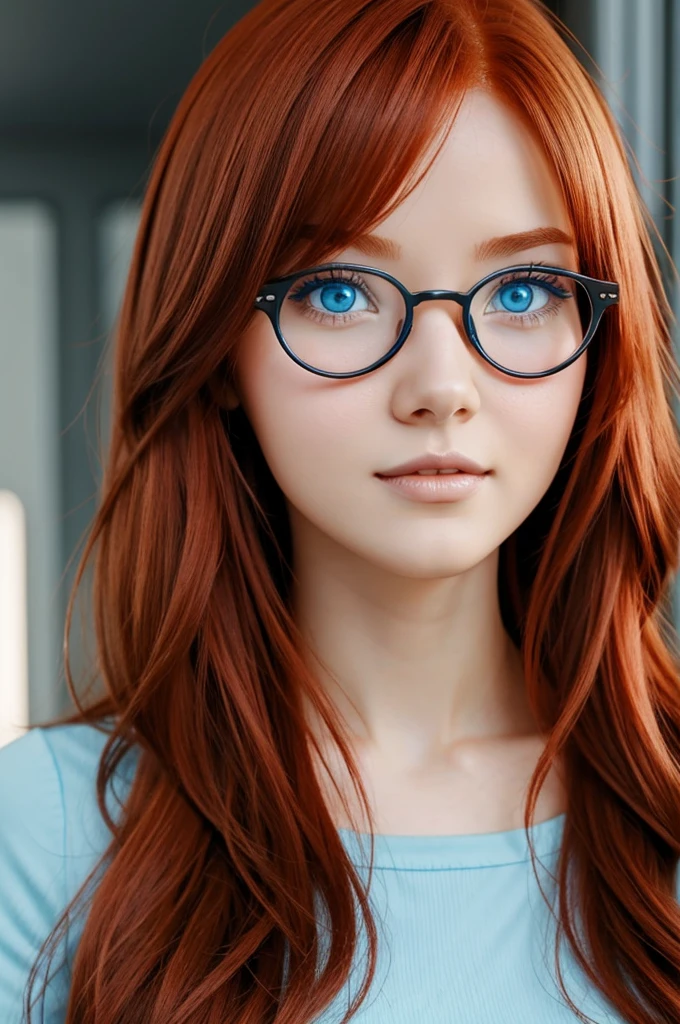 Redhead girl with light blue eyes, light skin and wears round glasses anime version