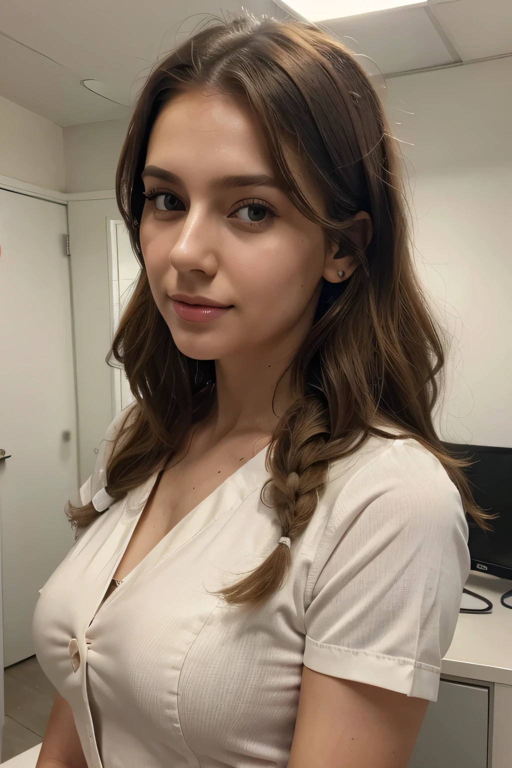 woman, nurse outfit, healtacare ouftit, in a work wear, work gear like doctor, work stuff, nurse working a striking 22-year-old American model with light brown hair , wavy hair, 172 height, full body photo ,medium-high brest mix face veronika bielik, danusia draghici face, cute faces, realistic face with details, high detail mouth, high detail lips, russian girlfriend, blonde and attractive features, skin detail, in hospital, wearing like a nurse, bull body picture, typical worker oufit