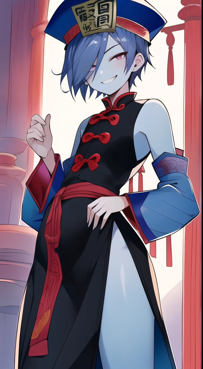 Best quality, Super detailed illustration, Warm colors, perfect lighting, (boy:1.6), (the blue skin:1,6) , short tousled thick hair ,Jiangshi clothing, long sleeves, long skirt with leg cutout on the sides, open legs, Tight-fitting clothing, Guanli hat ,smug smile, Happy , a femboy, small waist, wide hips, slim, Perfect body, full length, tricky glance, Scarlet eyes,black and lilac color of clothes