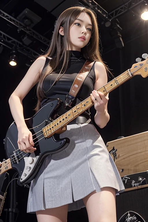 woman playing bass live、brown hair disheveled hair、Complex 4-string bass:1.2、anatomically correct fingers、((Detailed Fender Precision Base:1.3))、just one base、pantyhose