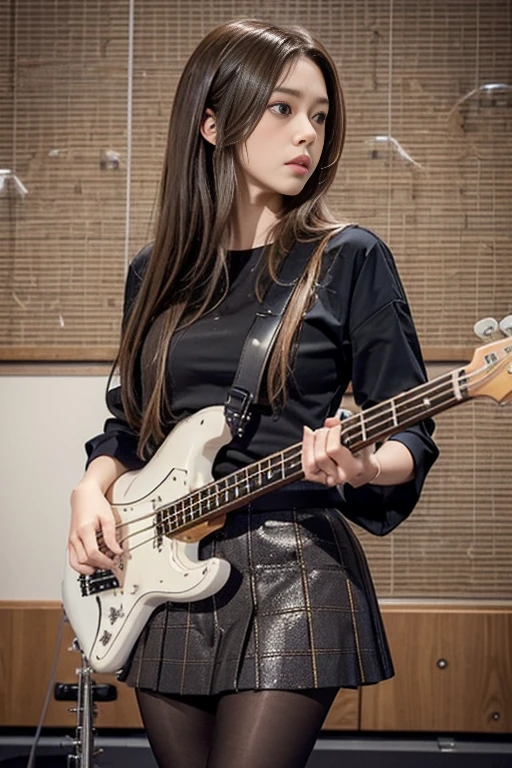 woman playing bass live、brown hair disheveled hair、Complex 4-string bass:1.2、anatomically correct fingers、((Detailed Fender Precision Base:1.3))、just one base、pantyhose
