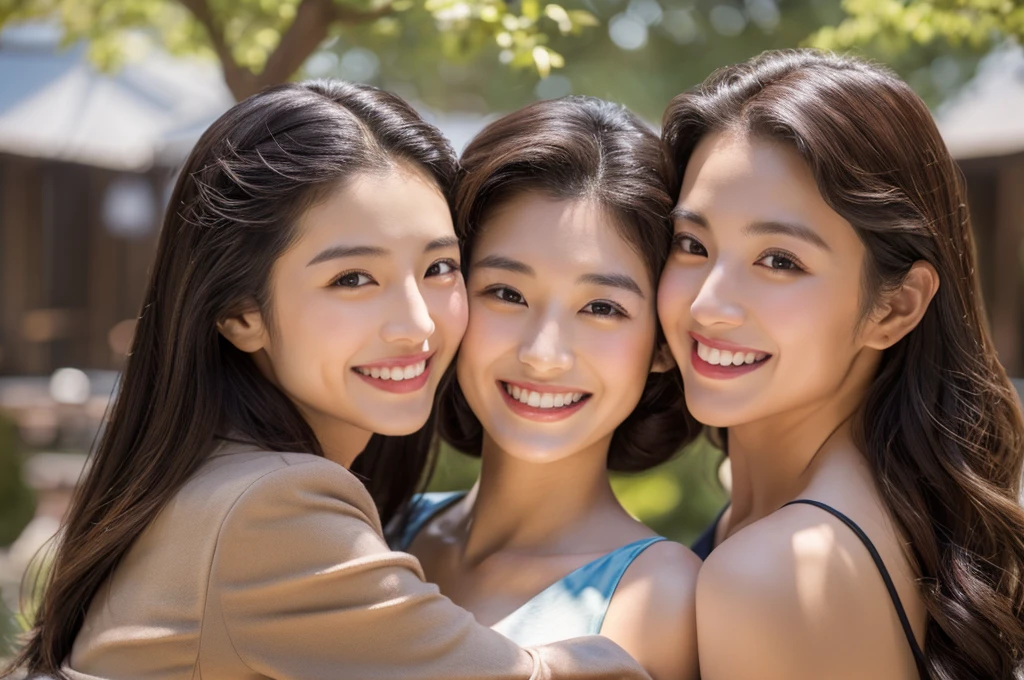 Highest quality、Masterpiece、8K、Japanese women、40s、smile、Slender figure、Realistic Face、Realistic hands、Detailed face、Three Women