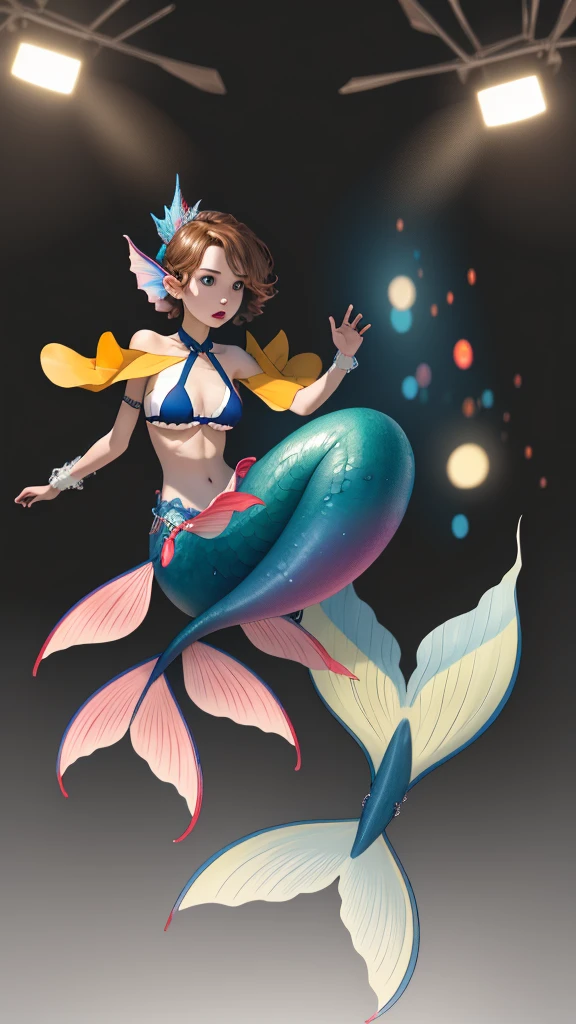 a detailed rendering of a beautiful young mermaid with short brown hair and blue eyes, her expression is shocked, 1 girl, bikini top floating away, scales on chest, underwater scene with magikarp tail, medium breasts, groin outline, (best quality,4k,8k,highres,masterpiece:1.2),ultra-detailed, HDR,UHD,studio lighting,ultra-fine painting,sharp focus,physically-based rendering,extreme detail description,professional,vivid colors,bokeh