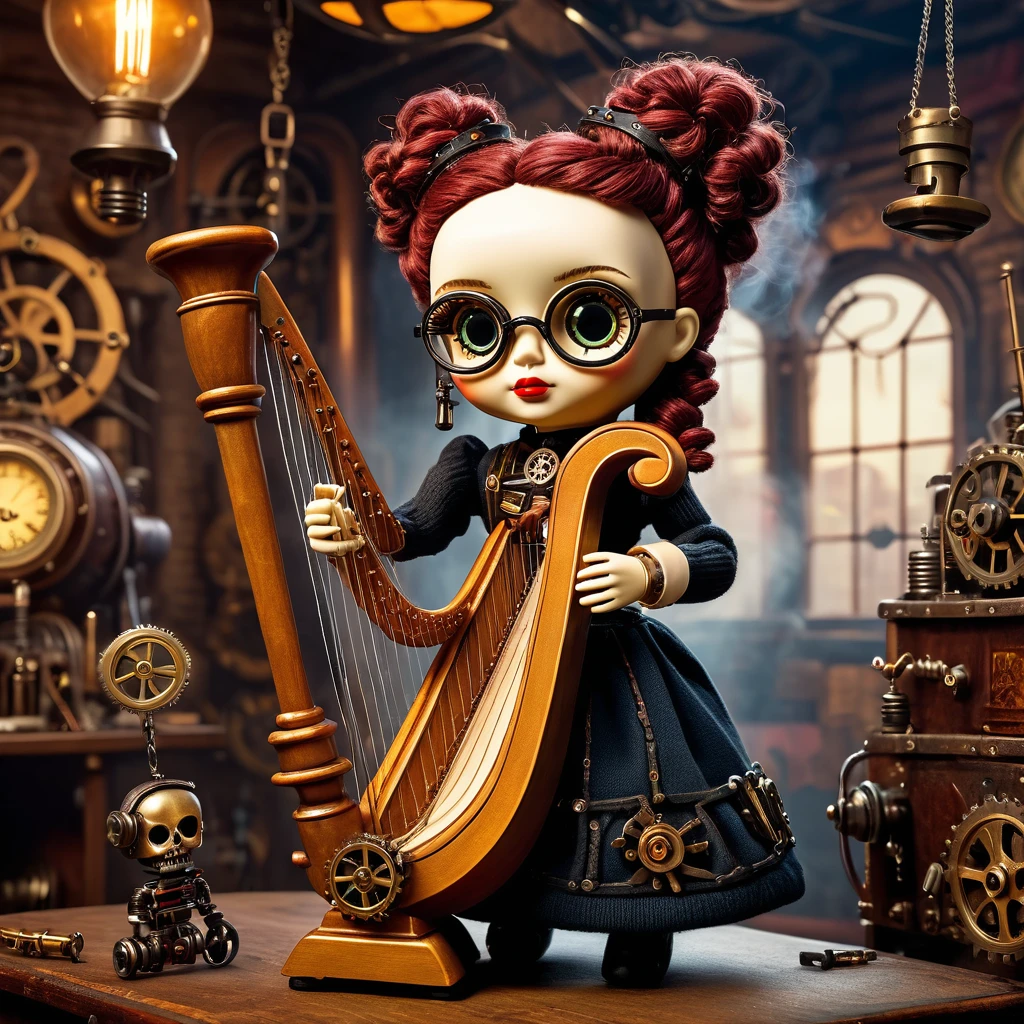 (voodoo doll playing knitted harp:1.2), (Voodoo Steampunk:1.3), (badass clothing: leather corset, aviator glasses, Gears and mechanical parts:1.0), (in the background steam engines, airships and Victorian buildings:1.2), best qualityer, work of art, detailed soft oil painting, detailed back ground, dramatic cinematic lighting, soft edge lighting, proffesional, dramatic lighting, hard edge lighting, ultra quality, 4K, work of art, best qualityer, 8K, ultra high definition, high resolution, extremely detaild