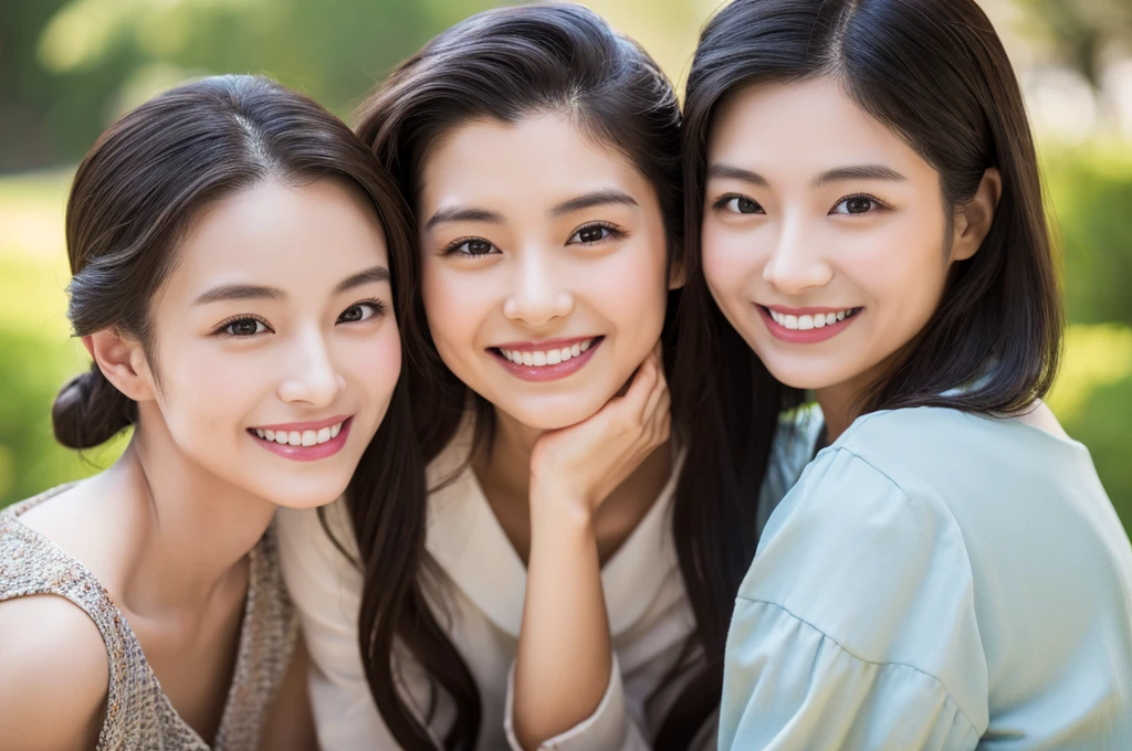 Highest quality、Masterpiece、8K、Japanese women、40s、smile、Slender figure、Realistic Face、Realistic hands、Detailed face、Three Women