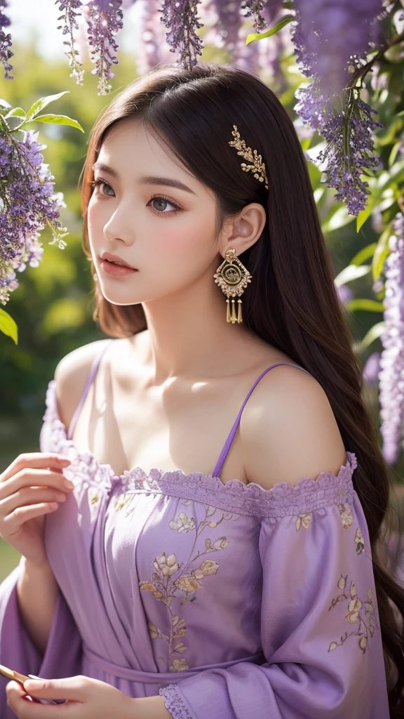 A highly detailed illustration of a young woman with long, flowing brown hair and piercing purple eyes. She is dressed in an elegant, traditional-style purple robe adorned with intricate patterns and accessories, including dangling earrings and hair ornaments. The scene is set amidst a cascade of wisteria flowers, with soft light filtering through, creating a serene and ethereal atmosphere. The woman is holding a calligraphy brush close to her lips, her expression thoughtful and serene. The background is filled with the delicate hues of the flowers and leaves, blending harmoniously with the overall color palette of purple and soft pastels. Light and shadow play subtly on her face and attire, emphasizing the textures and details of the fabrics and accessories. The perspective is slightly from below, giving a majestic and reverent feel to the composition.