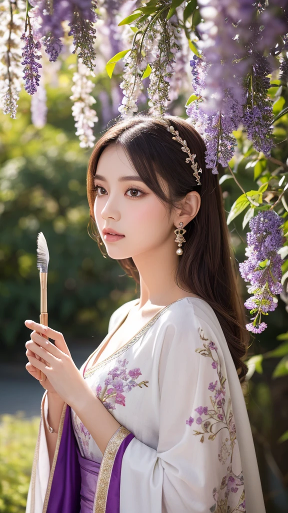 A highly detailed illustration of a young woman with long, flowing brown hair and piercing purple eyes. She is dressed in an elegant, traditional-style purple robe adorned with intricate patterns and accessories, including dangling earrings and hair ornaments. The scene is set amidst a cascade of wisteria flowers, with soft light filtering through, creating a serene and ethereal atmosphere. The woman is holding a calligraphy brush close to her lips, her expression thoughtful and serene. The background is filled with the delicate hues of the flowers and leaves, blending harmoniously with the overall color palette of purple and soft pastels. Light and shadow play subtly on her face and attire, emphasizing the textures and details of the fabrics and accessories. The perspective is slightly from below, giving a majestic and reverent feel to the composition.