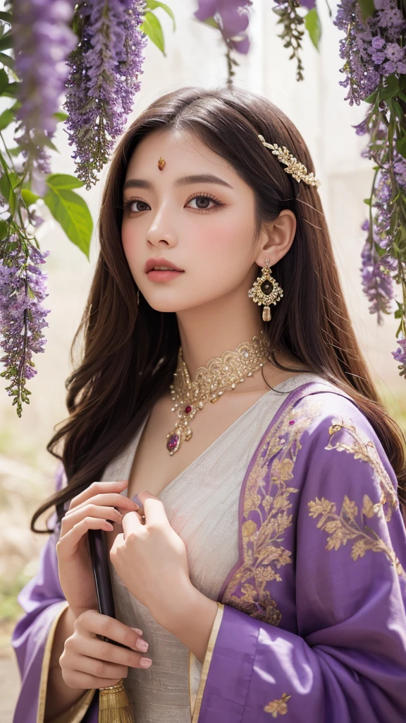A highly detailed illustration of a young woman with long, flowing brown hair and piercing purple eyes. She is dressed in an elegant, traditional-style purple robe adorned with intricate patterns and accessories, including dangling earrings and hair ornaments. The scene is set amidst a cascade of wisteria flowers, with soft light filtering through, creating a serene and ethereal atmosphere. The woman is holding a calligraphy brush close to her lips, her expression thoughtful and serene. The background is filled with the delicate hues of the flowers and leaves, blending harmoniously with the overall color palette of purple and soft pastels. Light and shadow play subtly on her face and attire, emphasizing the textures and details of the fabrics and accessories. The perspective is slightly from below, giving a majestic and reverent feel to the composition.