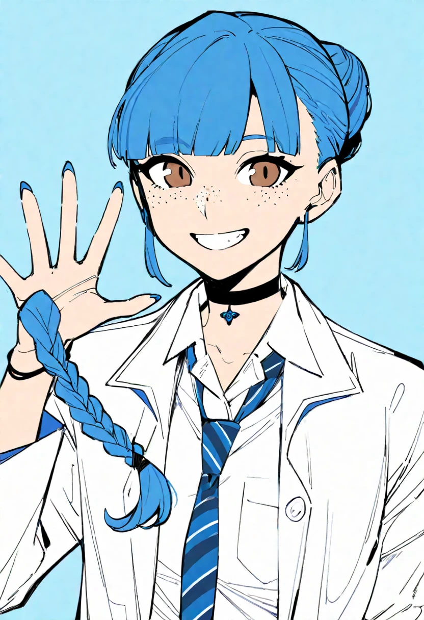 Flat Color, One girl, 一人in, tie, Double Bang, in, smile, Jacket, choker, Braiding, Hair Bun, looking at iniewer, shirt, Simple Background, Upper Body, Blue background, Manicure, Blue Claws, collared shirt, Brown eyes, bangs, blue tie, black choker, white shirt, Blue Hair, freckles, Grin, striped tie, long sleeines, open Jacket, blue Jacket, twin Braidings, Raise your hand, Flat Color