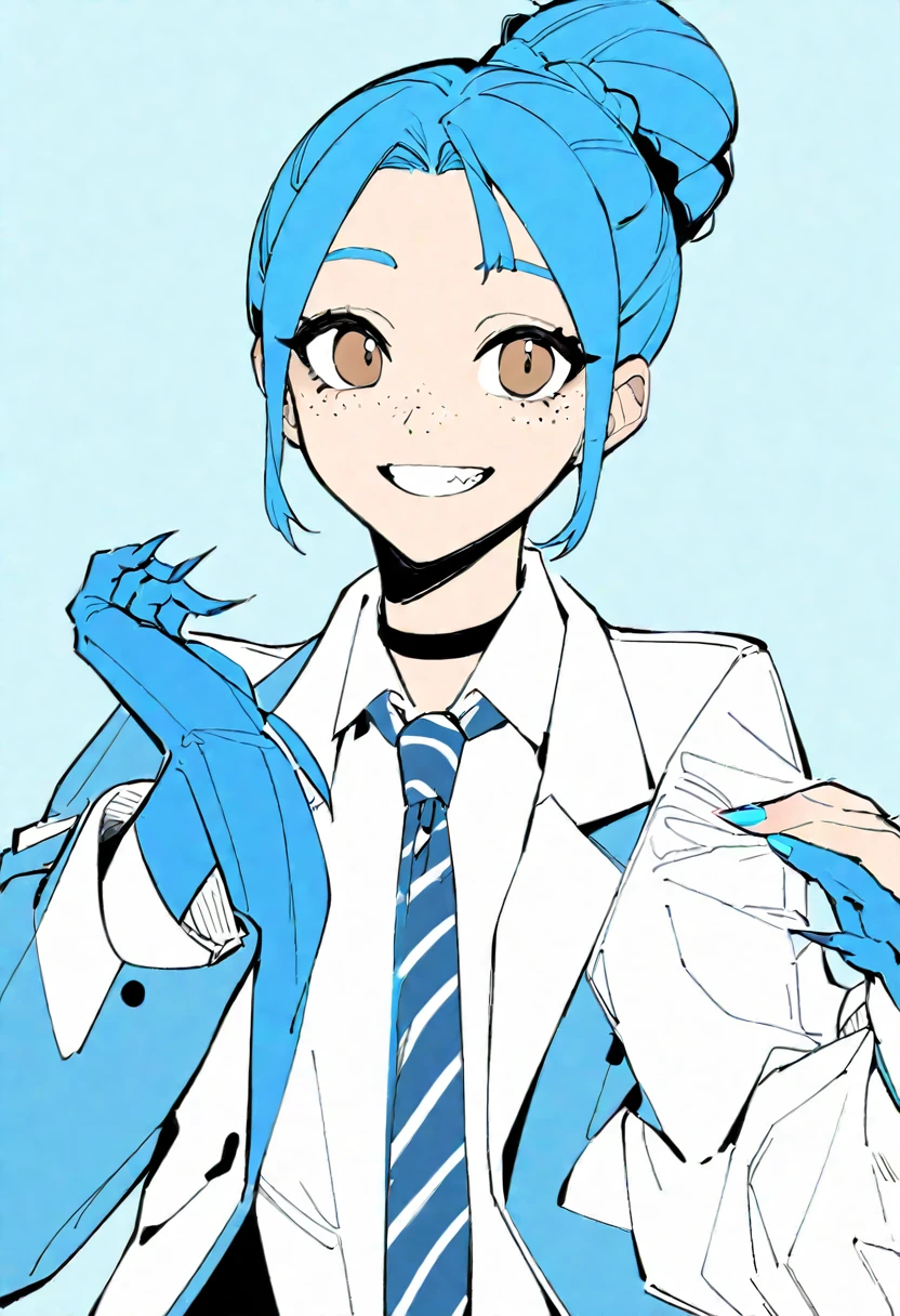 Flat Color, One girl, 一人in, tie, Double Bang, in, smile, Jacket, choker, Braiding, Hair Bun, looking at iniewer, shirt, Simple Background, Upper Body, Blue background, Manicure, Blue Claws, collared shirt, Brown eyes, bangs, blue tie, black choker, white shirt, Blue Hair, freckles, Grin, striped tie, long sleeines, open Jacket, blue Jacket, twin Braidings, Raise your hand, Flat Color