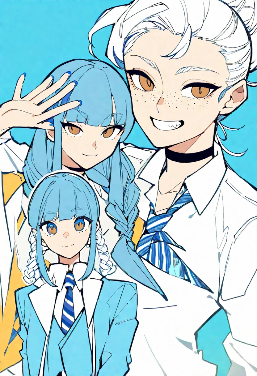 Flat Color, One girl, 一人in, tie, Double Bang, in, smile, Jacket, choker, Braiding, Hair Bun, looking at iniewer, shirt, Simple Background, Upper Body, Blue background, Manicure, Blue Claws, collared shirt, Brown eyes, bangs, blue tie, black choker, white shirt, Blue Hair, freckles, Grin, striped tie, long sleeines, open Jacket, blue Jacket, twin Braidings, Raise your hand, Flat Color