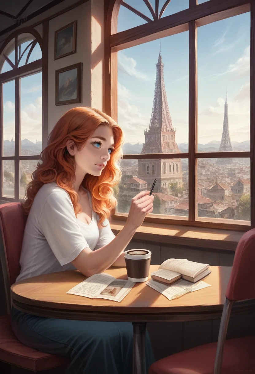 a girl with orange hair, a boy with curly blue eyes sitting in a cafe, beautiful detailed eyes, beautiful detailed lips, extremely detailed eyes and face, long eyelashes, young couple, casual clothes, warm lighting, cozy atmosphere, comfortable interior, coffee cups, table with books and magazines, window with cityscape view, (best quality,4k,8k,highres,masterpiece:1.2),ultra-detailed,(realistic,photorealistic,photo-realistic:1.37),vibrant colors, cinematic lighting, soft focus, digital painting, concept art style