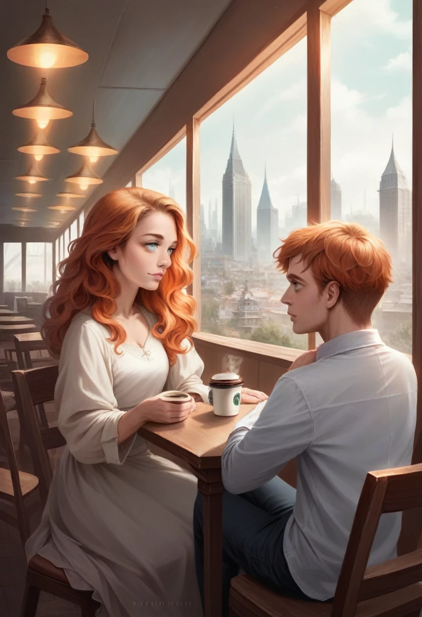 a girl with orange hair, a boy with curly blue eyes sitting in a cafe, beautiful detailed eyes, beautiful detailed lips, extremely detailed eyes and face, long eyelashes, young couple, casual clothes, warm lighting, cozy atmosphere, comfortable interior, coffee cups, table with books and magazines, window with cityscape view, (best quality,4k,8k,highres,masterpiece:1.2),ultra-detailed,(realistic,photorealistic,photo-realistic:1.37),vibrant colors, cinematic lighting, soft focus, digital painting, concept art style