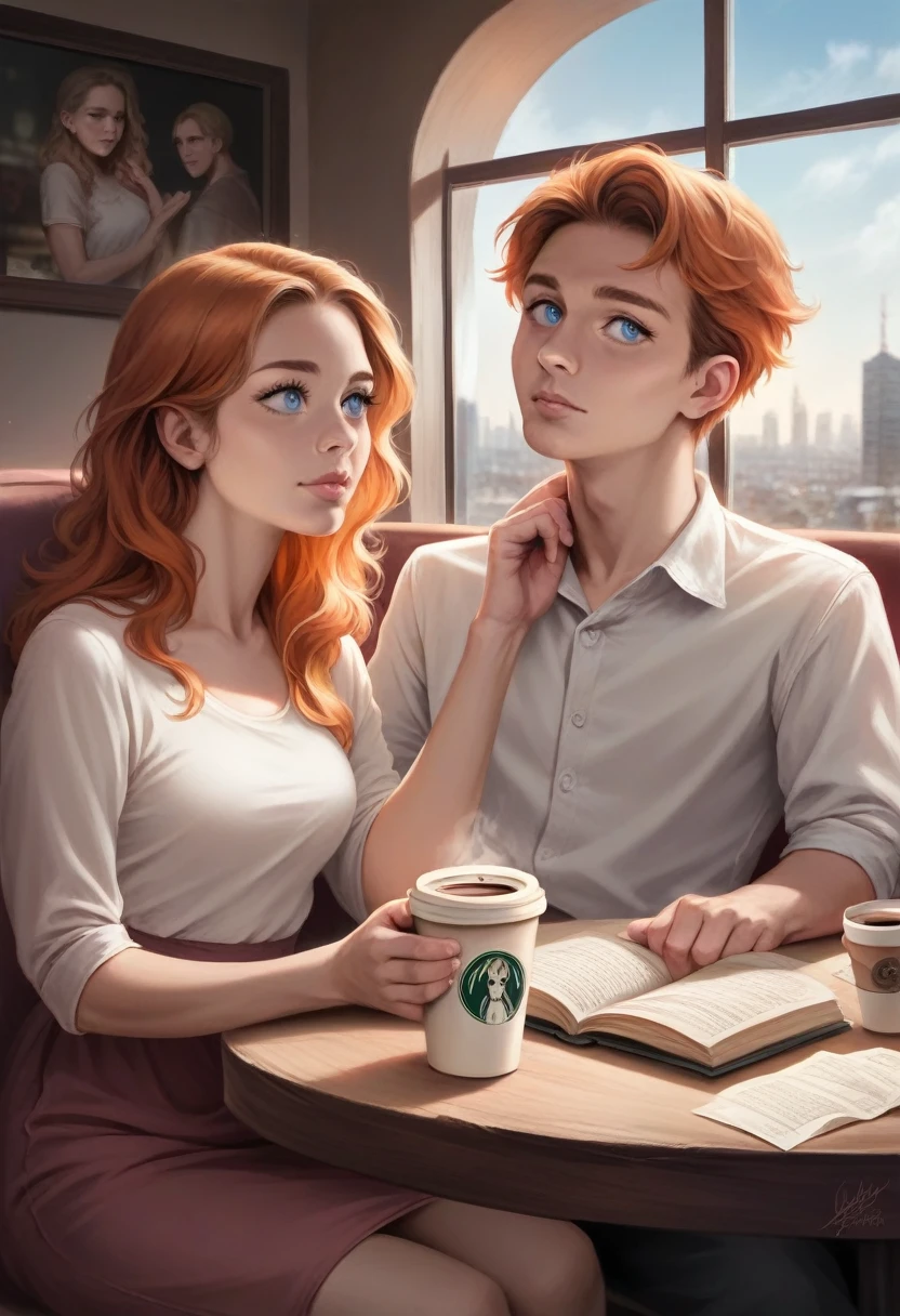 a girl with orange hair, a boy with curly blue eyes sitting in a cafe, beautiful detailed eyes, beautiful detailed lips, extremely detailed eyes and face, long eyelashes, young couple, casual clothes, warm lighting, cozy atmosphere, comfortable interior, coffee cups, table with books and magazines, window with cityscape view, (best quality,4k,8k,highres,masterpiece:1.2),ultra-detailed,(realistic,photorealistic,photo-realistic:1.37),vibrant colors, cinematic lighting, soft focus, digital painting, concept art style