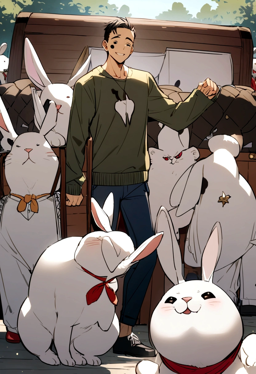 A white rabbit with black spots, anthropomorphized,wearing clothes,ten mens,trunk, sweatshirt, happy looking