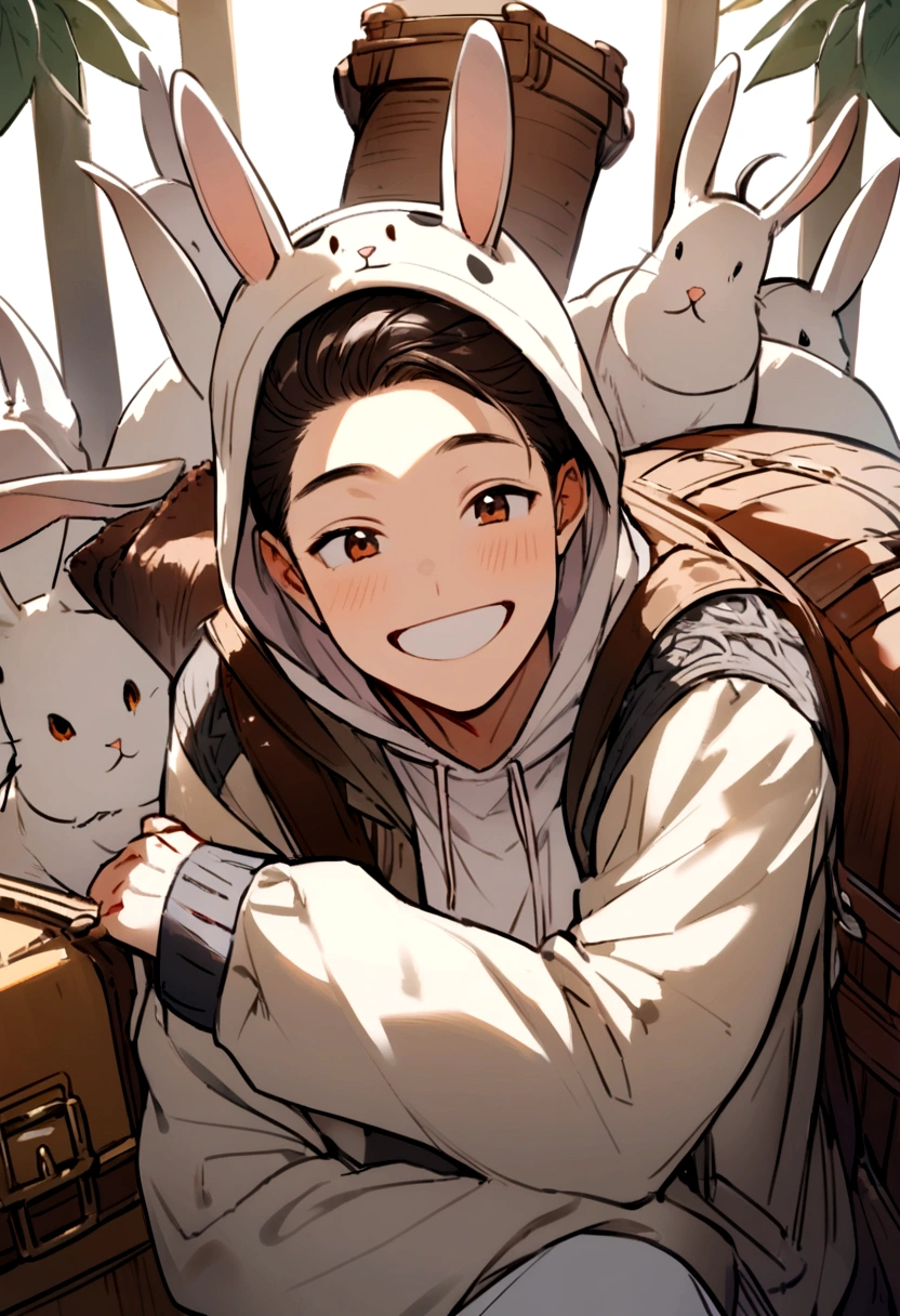 A white rabbit with black spots, anthropomorphized，wearing clothes，ten mens，trunk, sweatshirt, happy looking 