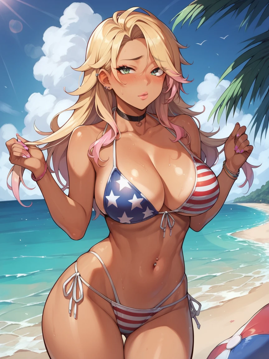 score_9, score_8_up, score_7_up, 1girl, solo, outdoors, beach, flag bikini, american flag bikini, American flag, tomboy, shy, blush, gyaru, standing, choker, big breasts, wide hips, medium long hair, leaning in for a kiss,