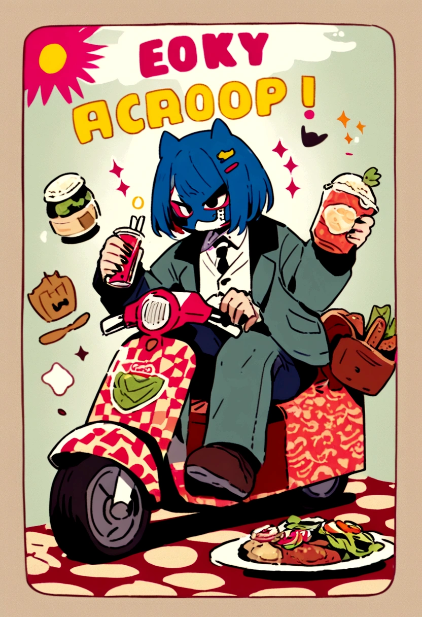 Lucha libre masked man, buff, wearing a suit and enjoys a nice meal. Album cover called "Ricky Meatloaf"